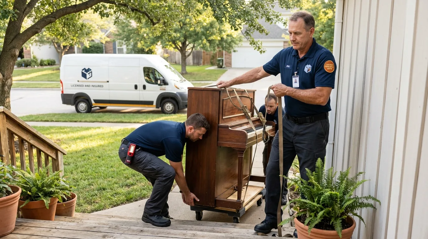 Licensed piano movers securing grand piano in Willard, UT