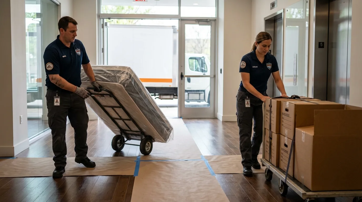Professional apartment movers loading elevator in Willard, UT